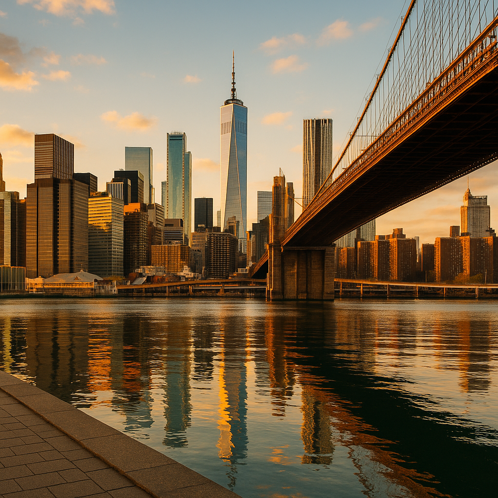 A wide-angle, street-level photograph of Manhattan’s skyline viewed from Brooklyn Bridge Park during golden hour. The image captures the sunlit skyscrapers, including One World Trade Center, reflected in the East River with the Brooklyn Bridge’s iconic cables framing the scene. The warm natural daylight highlights the vibrant colors and dynamic urban atmosphere with sharp focus and professional composition.