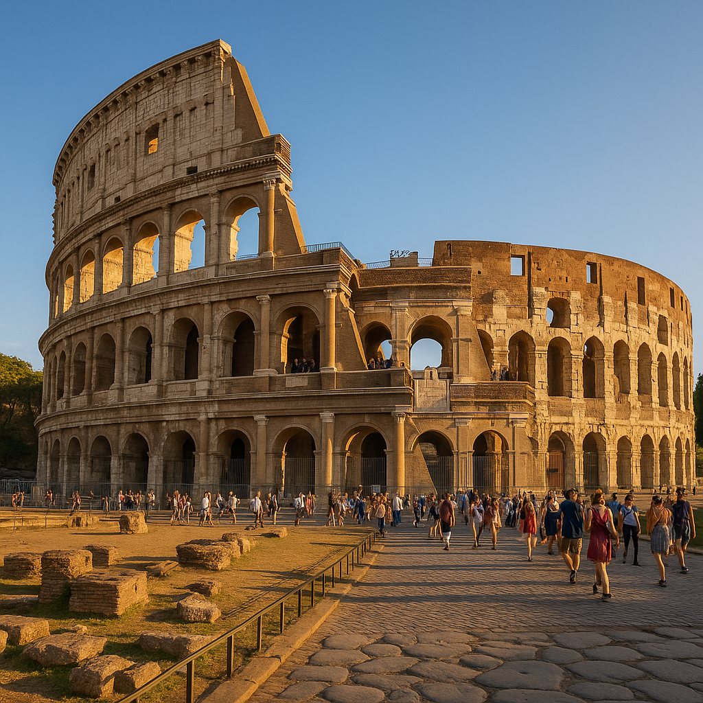Wide-angle street-level view of the Colosseum in Rome during golden hour, showcasing the ancient amphitheater bathed in warm sunlight with clear blue sky overhead; the scene includes tourists walking nearby and Roman ruins in the foreground, capturing the iconic architecture and vibrant atmosphere of the historic center with sharp focus and professional composition.