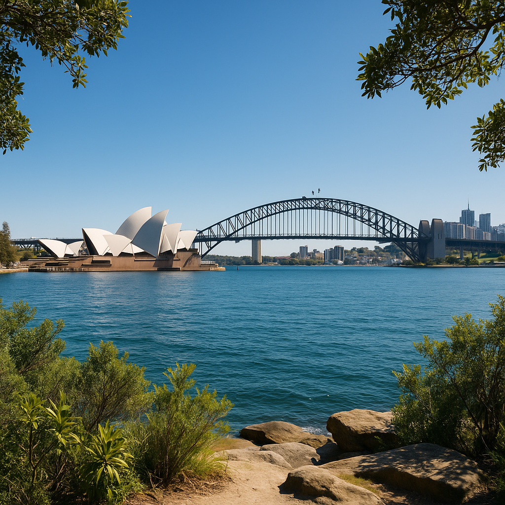 Wide-angle, daylight photograph capturing the iconic Sydney Opera House and Sydney Harbour Bridge from Mrs Macquarie’s Chair, offering a clear, sharp view of the harbor with bright blue sky and gentle sunlight illuminating the water and architectural landmarks, framed by native greenery in the foreground, showcasing Sydney's distinctive waterfront skyline.