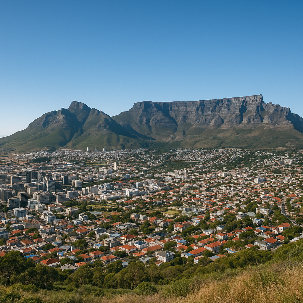 Wide-angle daytime view of Cape Town’s cityscape with Table Mountain towering in the background, taken from Signal Hill lookout. The scene captures the vibrant urban area, the harbor, and the blue Atlantic Ocean under clear skies. The natural daylight highlights the city’s diverse architecture and the lush greenery on Table Mountain, with sharp focus and balanced composition typical of professional travel photography.