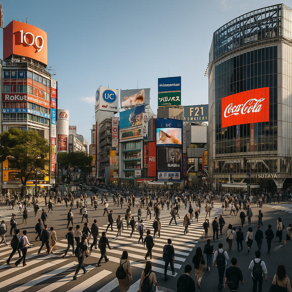 A panoramic street-level view of Shibuya Crossing in Tokyo during late afternoon, capturing the iconic intersection filled with pedestrians and surrounded by vibrant digital billboards and skyscrapers. The natural daylight highlights the bustling urban atmosphere with sharp focus, shot from an elevated corner to include both the crossing and the surrounding cityscape in professional travel photography style.