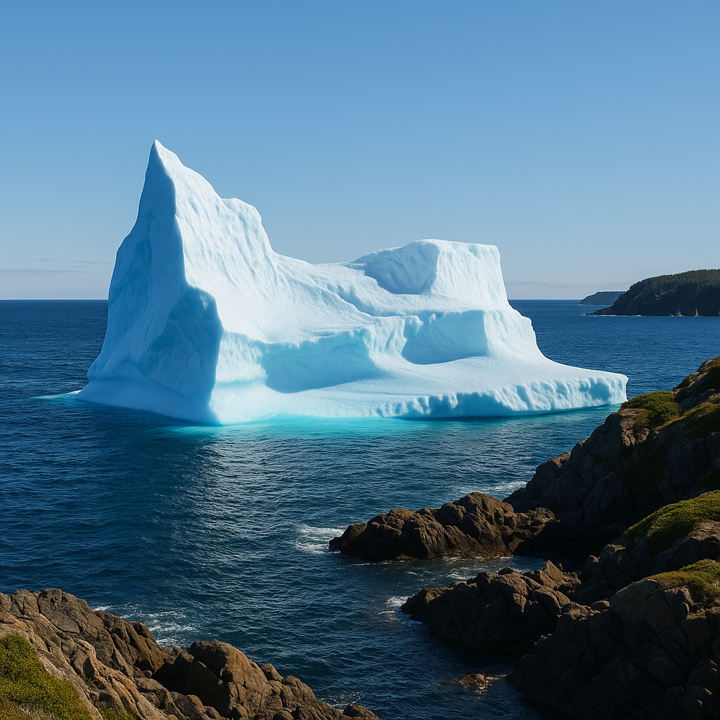 A wide-angle, daylight photograph of a massive iceberg floating near the coast of Twillingate, Newfoundland, captured from a vantage point overlooking the Atlantic Ocean with rugged shoreline in the foreground. The image shows sharp details of the iceberg’s textured blue and white surfaces under clear skies, highlighting the natural grandeur and serene maritime environment.