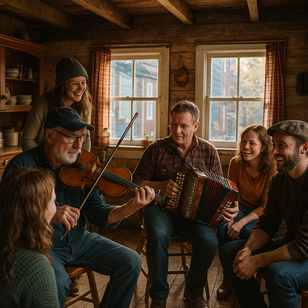 Realistic travel photograph capturing a traditional Newfoundland kitchen party in a cozy, rustic home in St. John’s, Newfoundland. The image shows a group of people gathered around, playing fiddle and accordion with lively expressions, natural daylight streaming through windows during late afternoon. The street-level perspective emphasizes intimate social interaction, sharp focus on musicians and listeners, with warm, inviting tones and authentic cultural atmosphere.